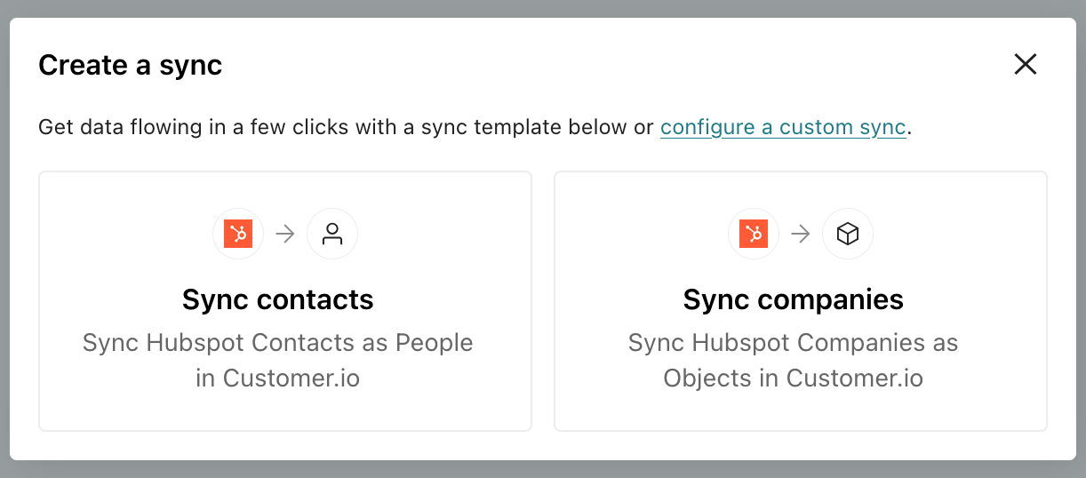HubSpot sync templates showing the Sync contacts and Sync companies buttons