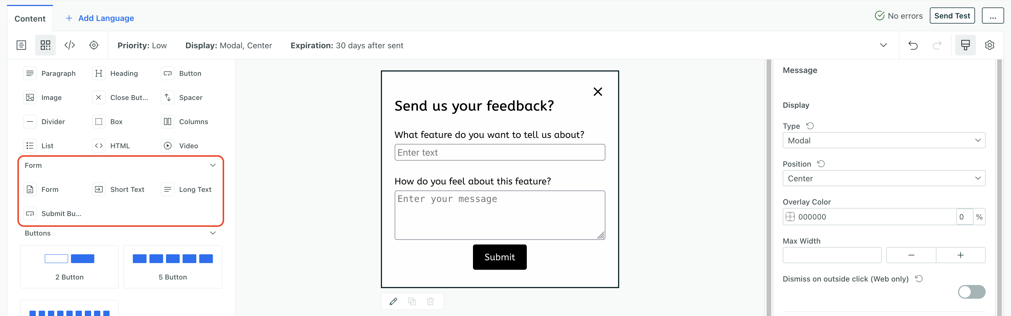 In-app components highlighted including the Form element itself, long text field, short text field, and a submit button