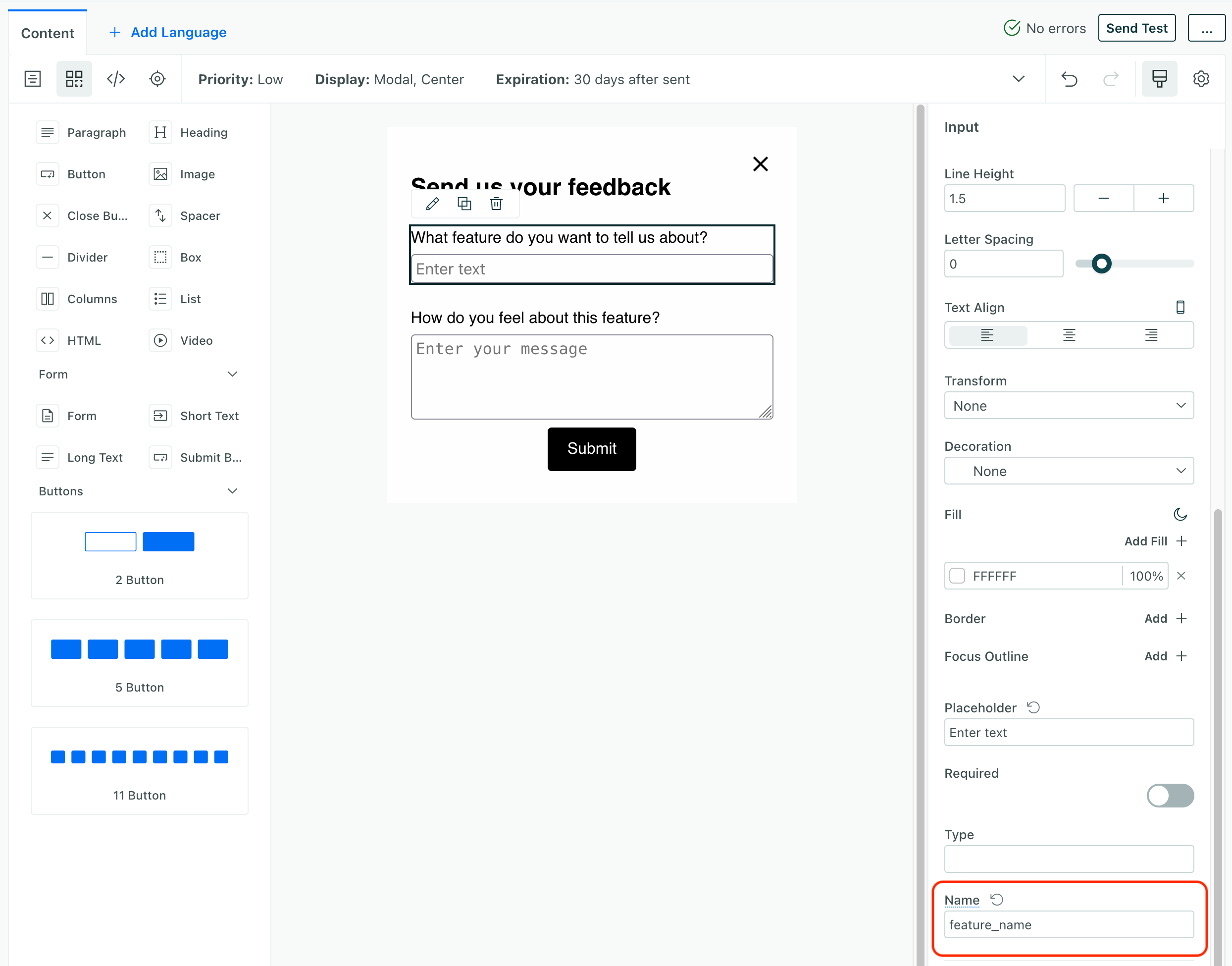 an in-app message with a form component with a short text field selected showing the name field