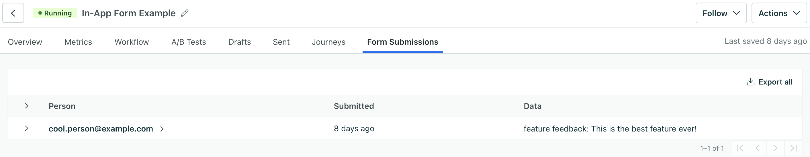 the form submissions tab in a campaign, showing the name of the form and the number of submissions