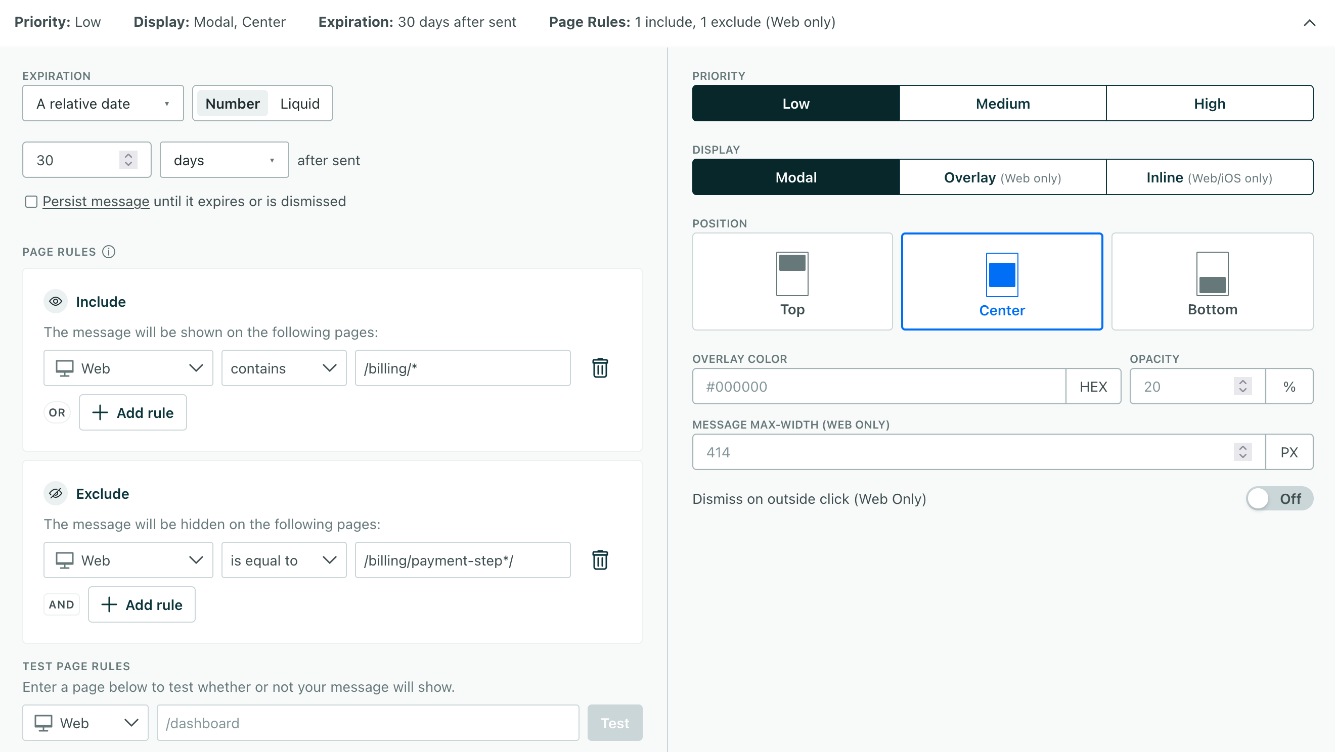 the in-app drop-down where you'll set your message's page rules, display rules, and expiration