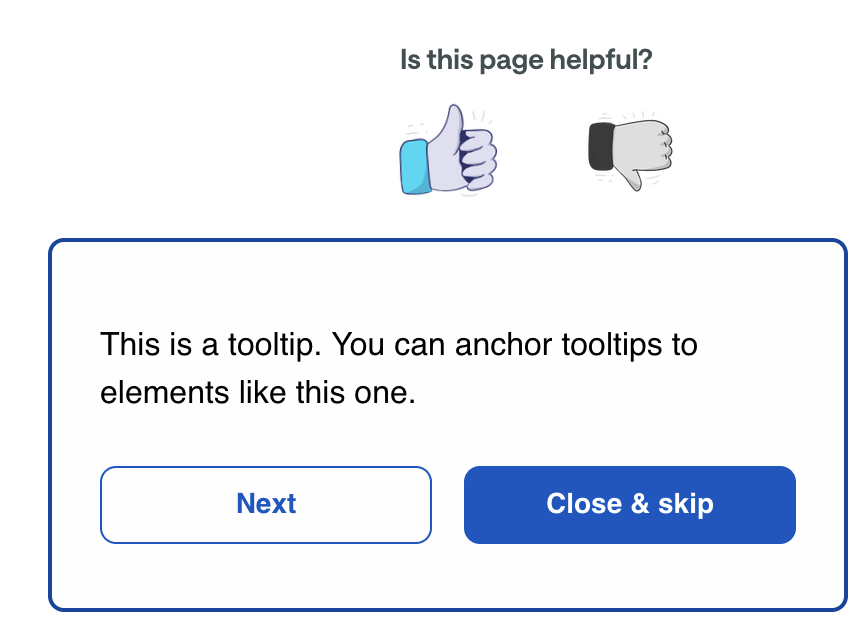 A tooltip message anchored to a UI element, with Next and Close buttons