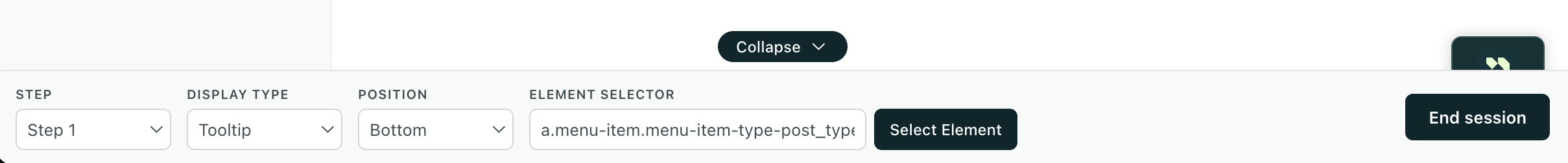 The Live Preview settings bar showing step, display type, position, and element selector for a tooltip