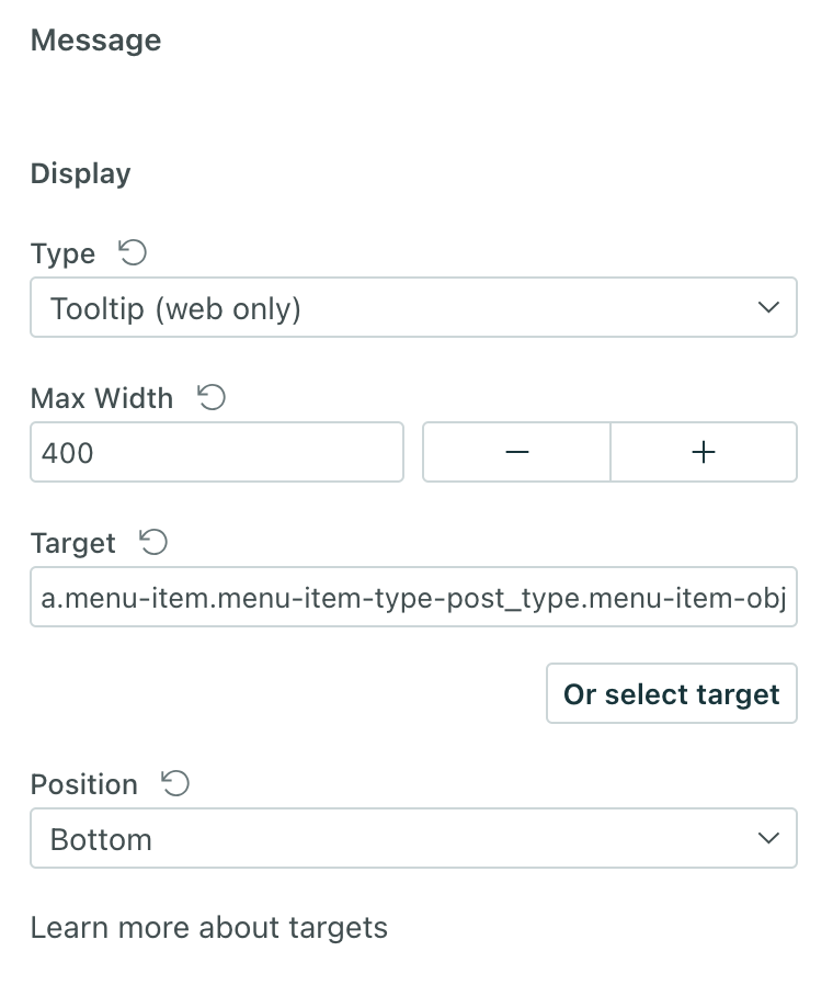The tooltip display settings showing the Type, Target, and Position fields
