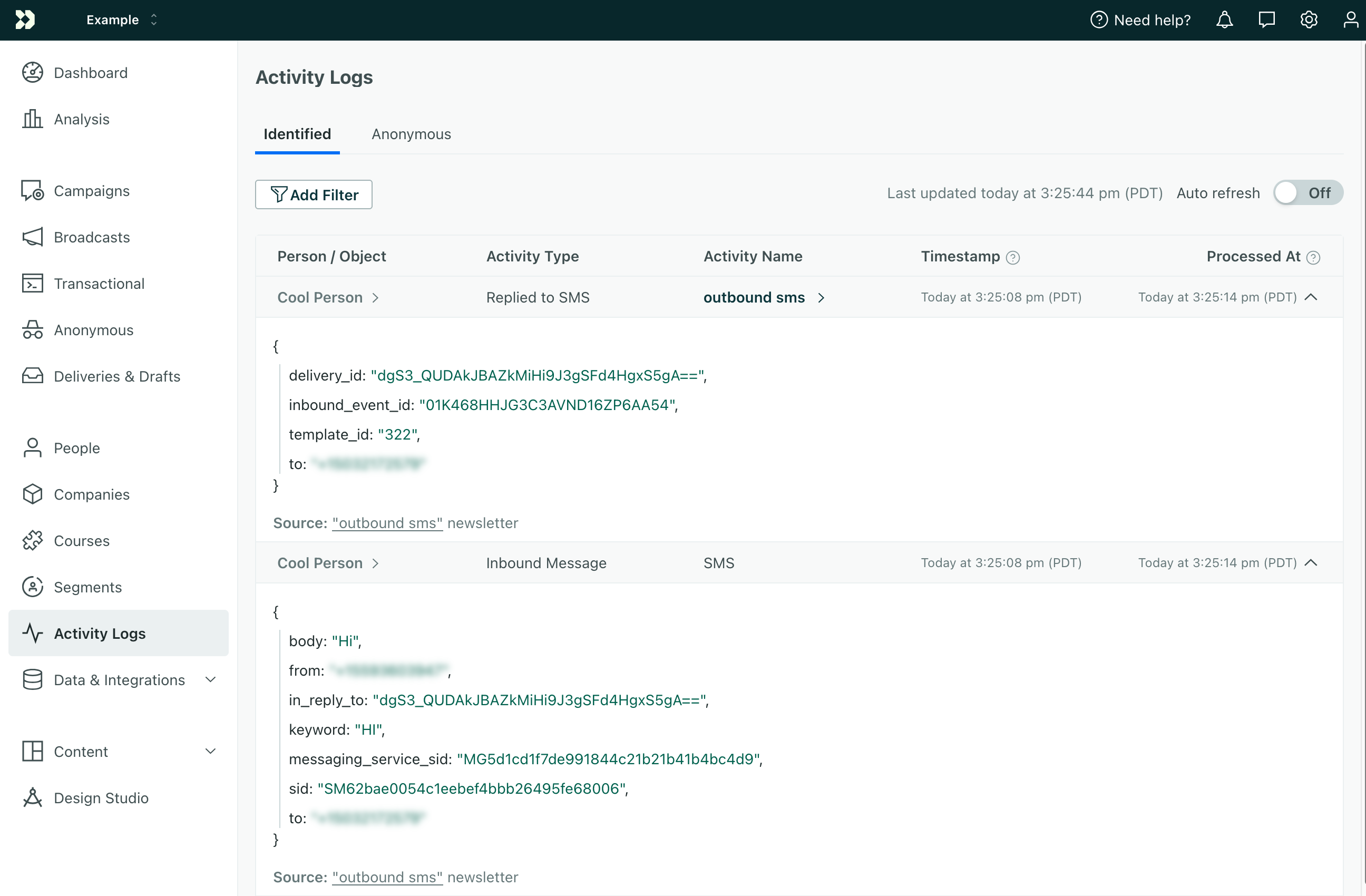 The activity log showing inbound sms activities