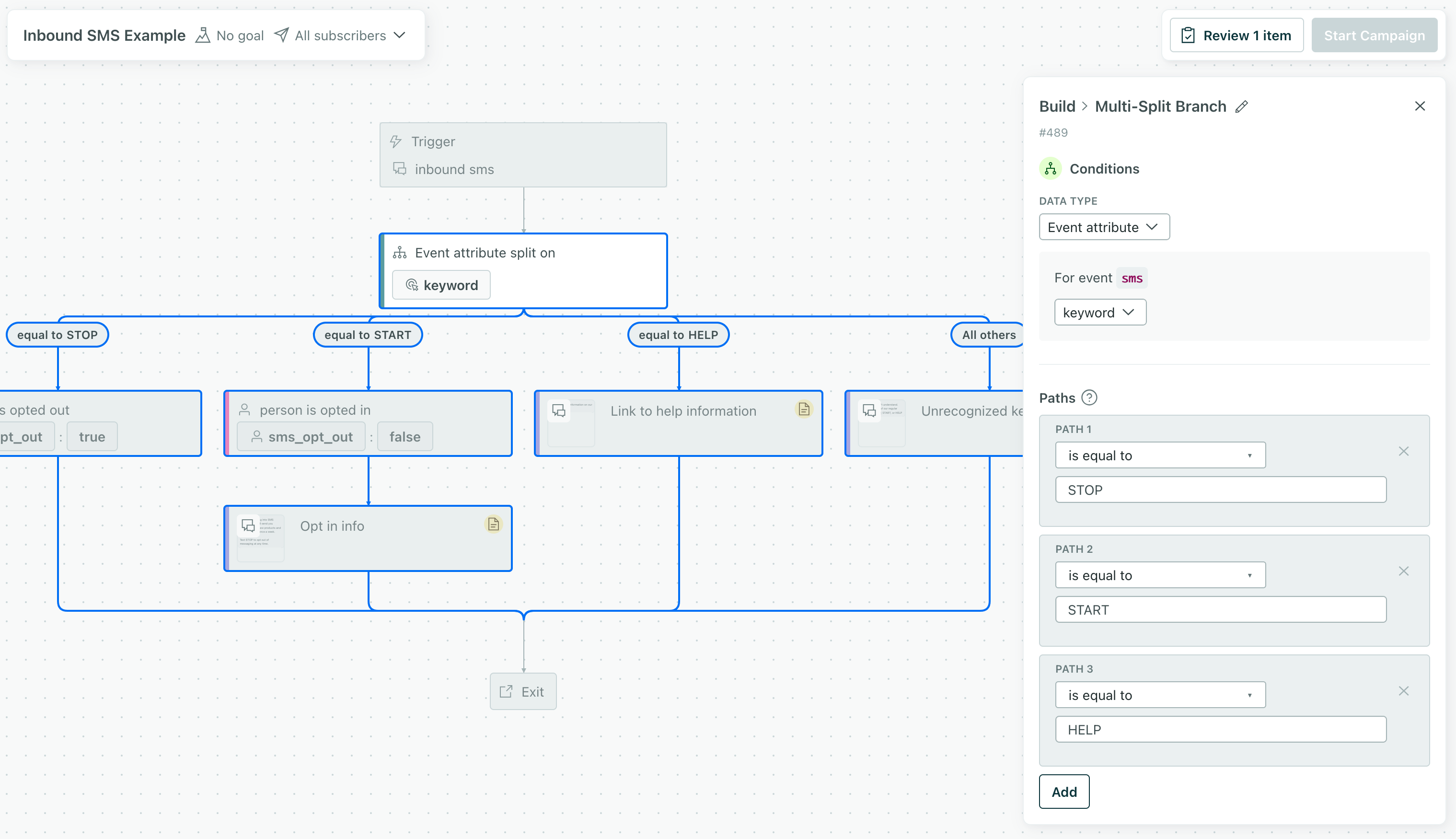 An example multi-split branch for an inbound message with three keyword branches