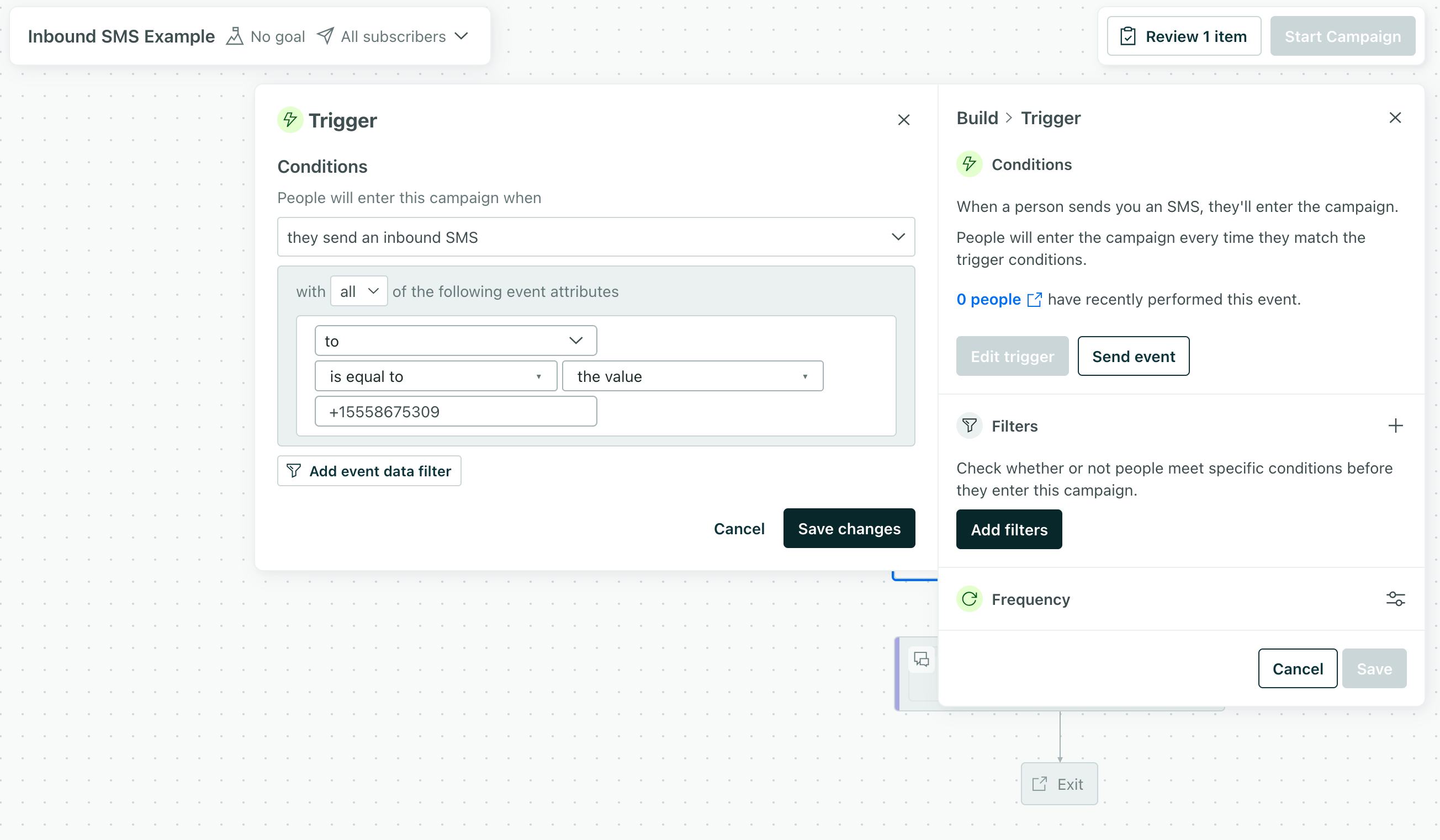 Inbound SMS campaign trigger with a filter for a sender number
