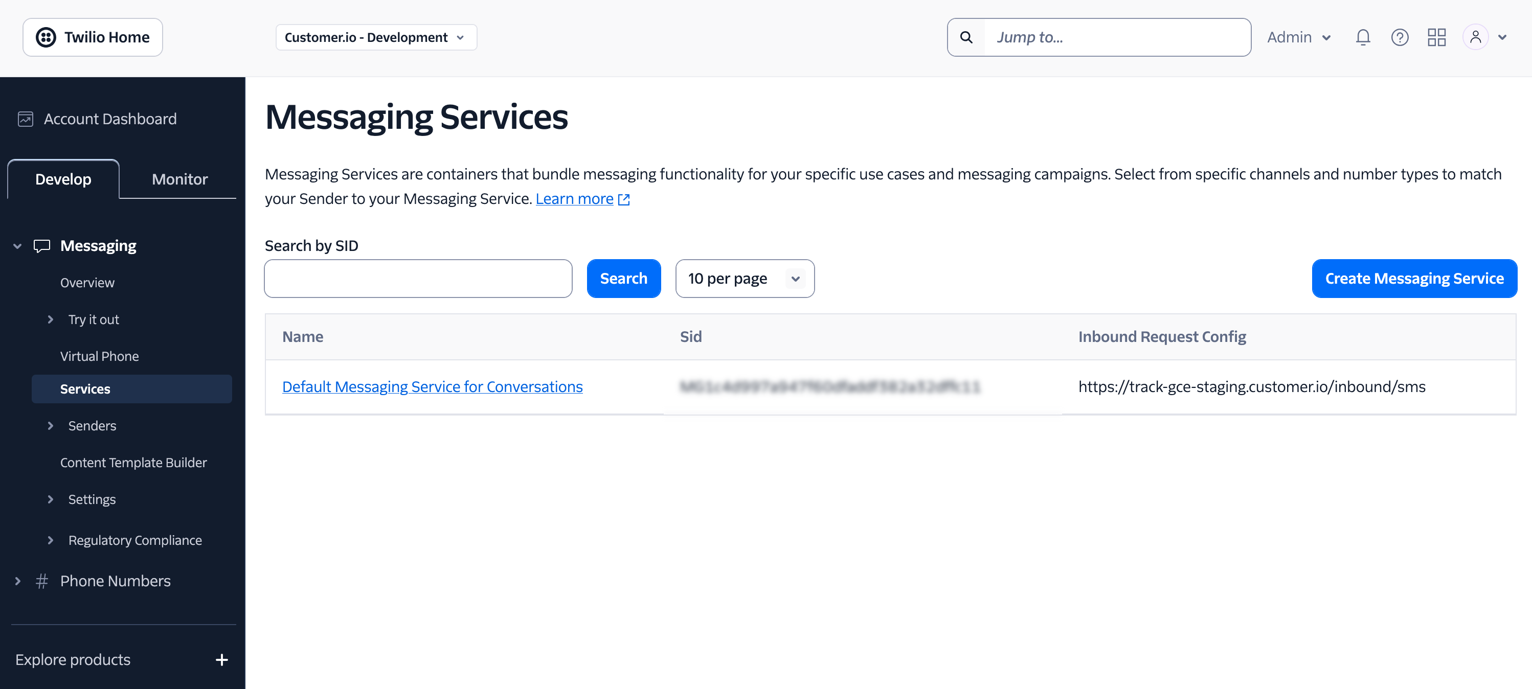The Twilio services page showing a single messaging service