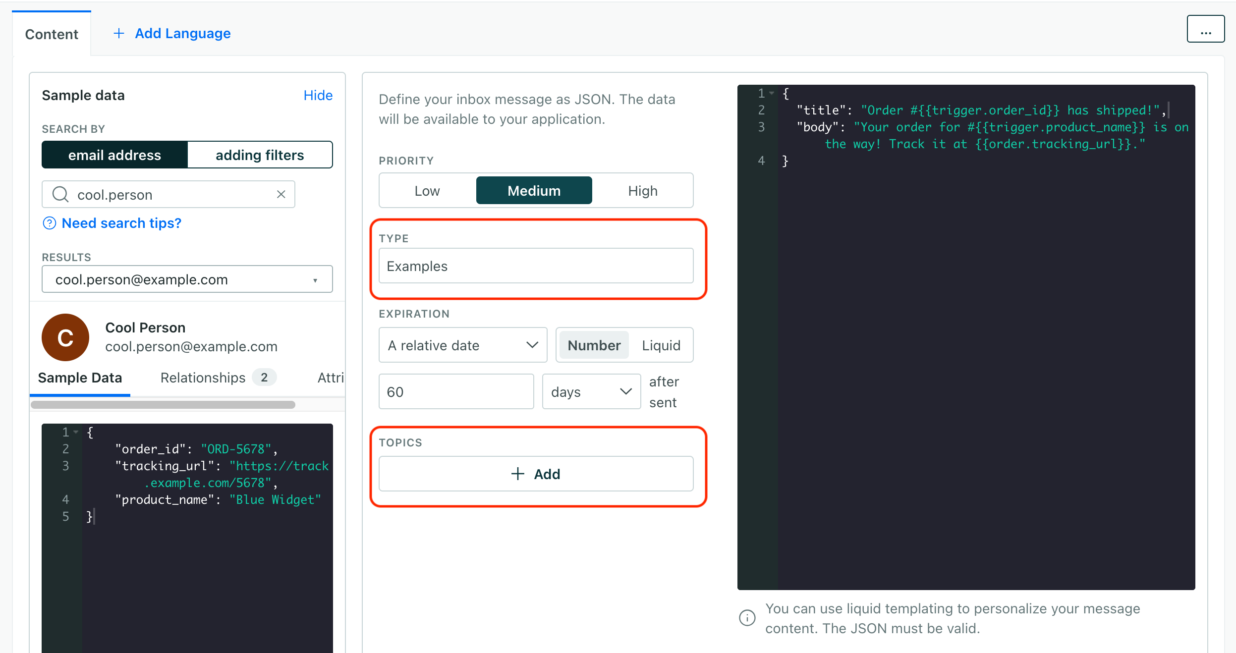 The customer.io message composer showing a JSON payload with a title and a body and the topics and type fields highlighted