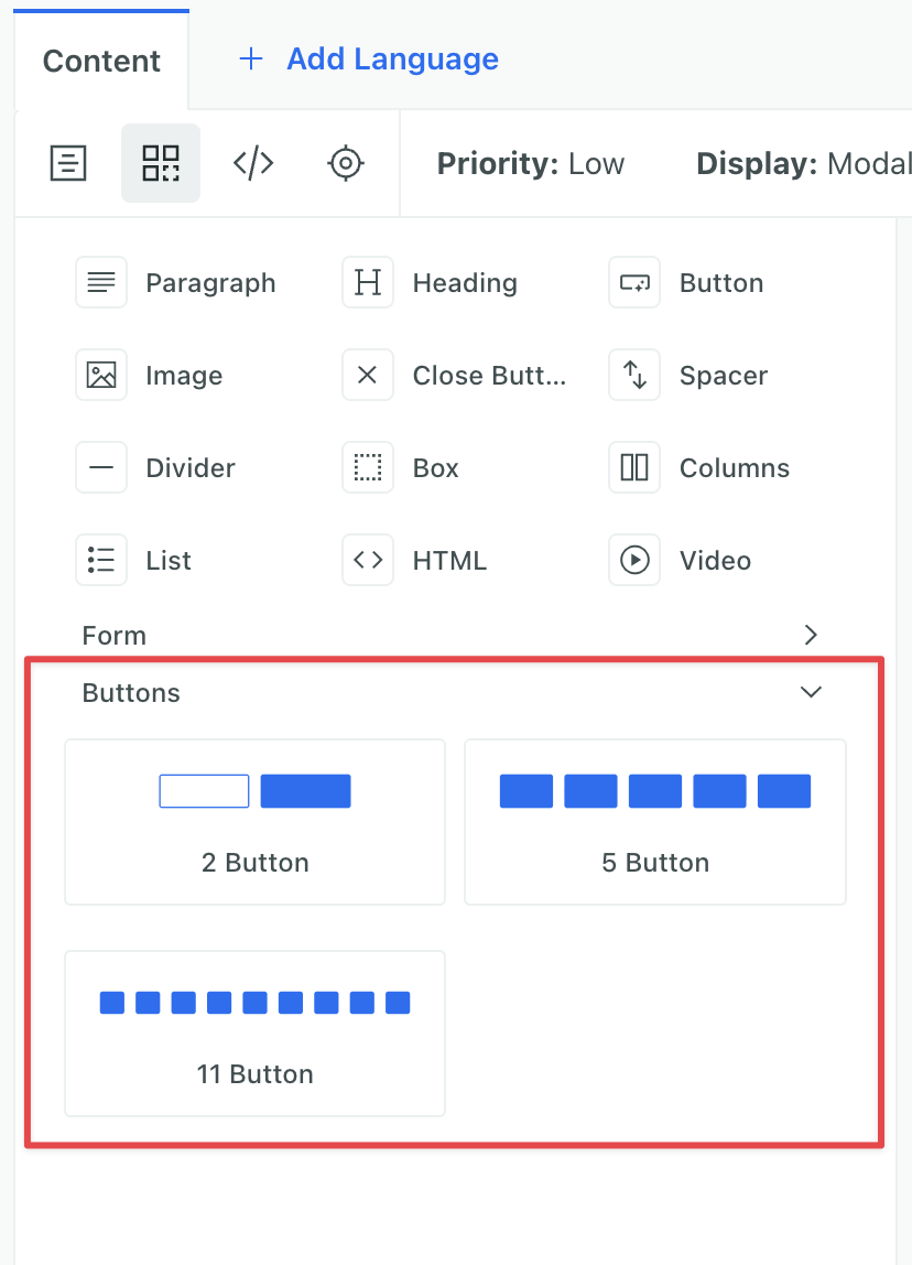 The insert panel of an in-app message. The Buttons expander is open and shows three multi-button components.