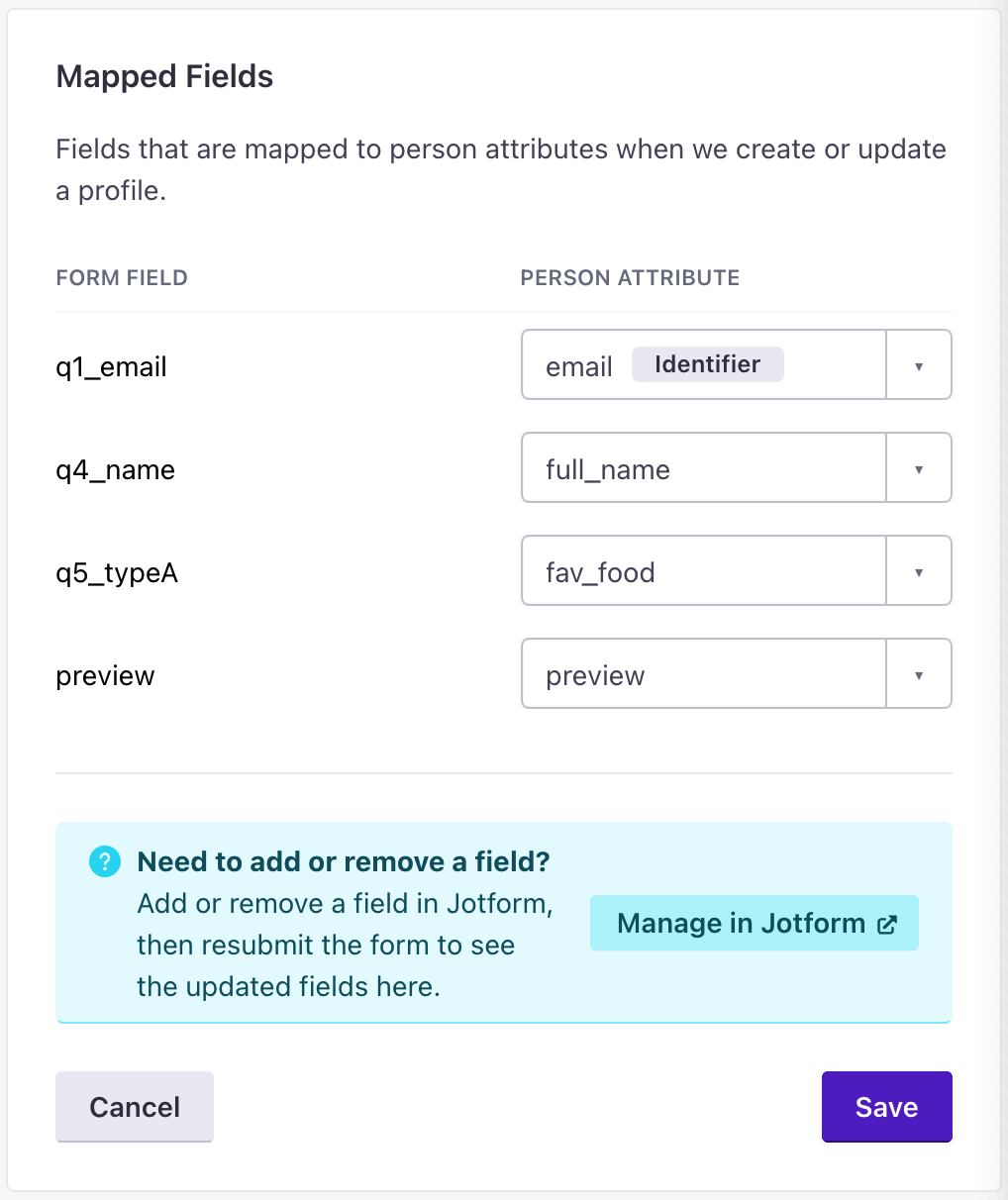 form mappings for a jotform integrated with Customer.io