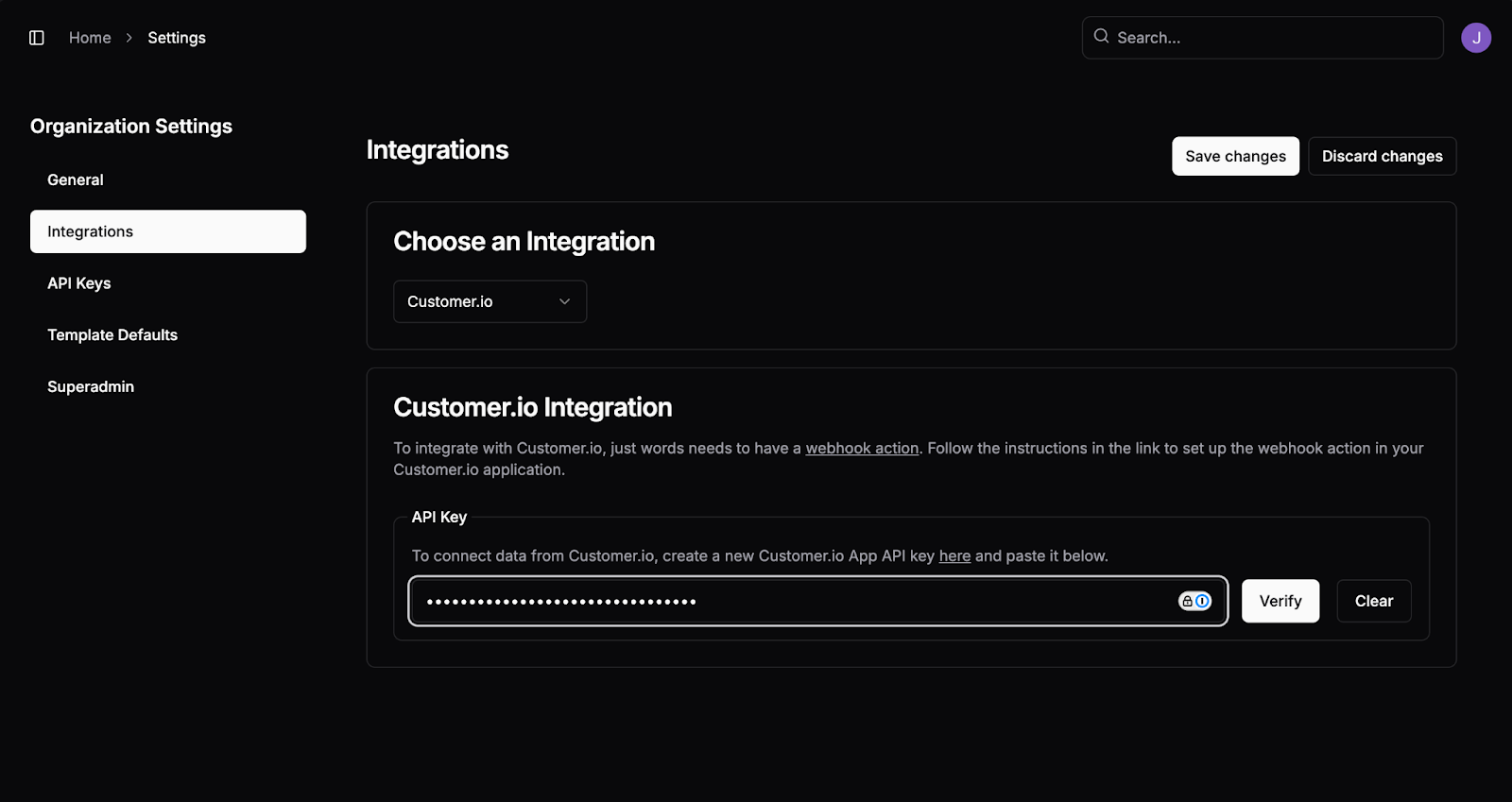 The integrations page in Just Words, with the Customer.io API key box highlighted.