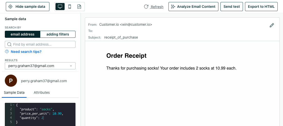 an email where the sample transactional trigger data renders in the message