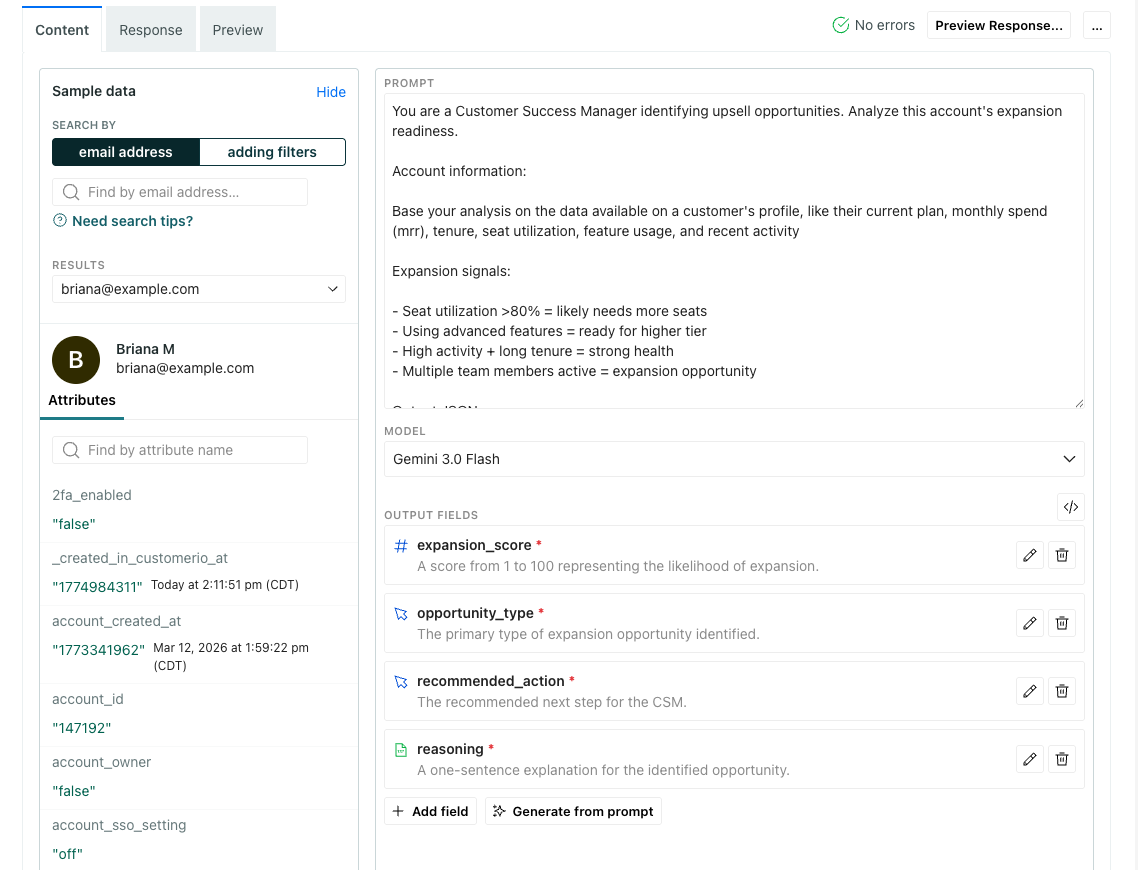 The LLM action prompt is a text area where you can add your prompt.