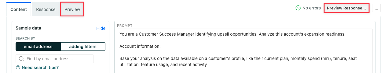 At the top of an LLM action prompt, there's a tab labeled Preview and a button labeled Preview Response.