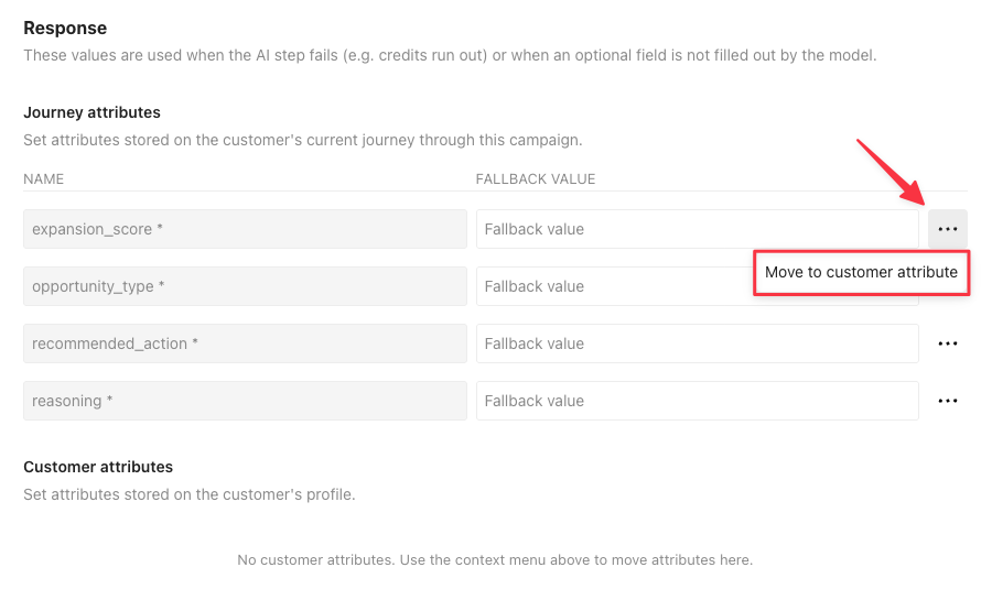 Response tab. Under journey attributes, there's a field expansion_score. To the right, a menu is selected showing Move to customer attribute.