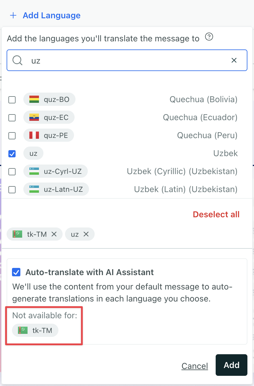 The locales uz and tk are checked. A note says auto-translate is not available for tk.
