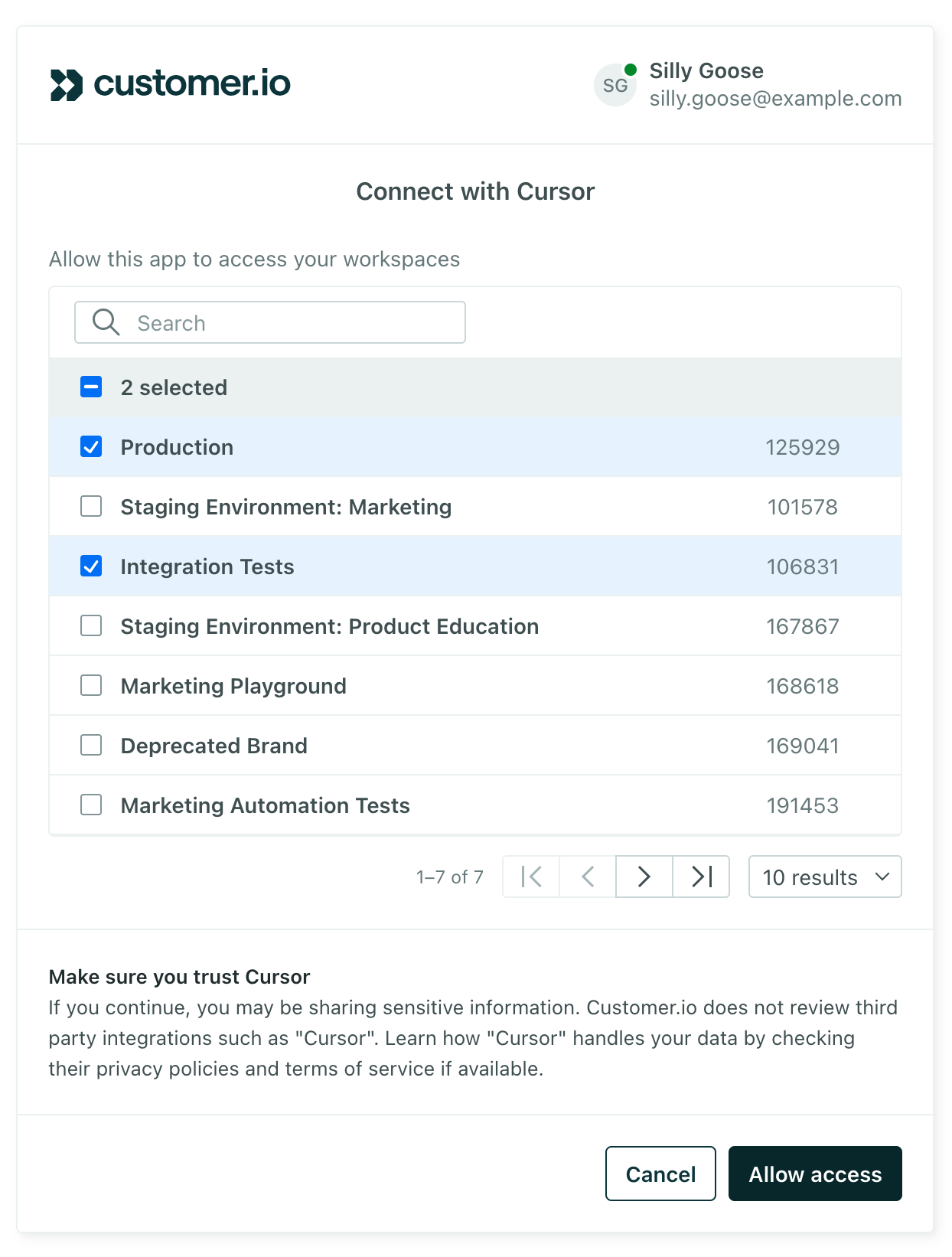 The list of workspaces you can select from when you authenticate with Customer.io