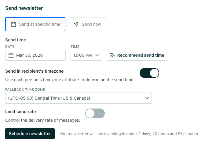 Limit send rate to 1000 messages per hour. A note that it will take at least 2 hours to send based on the volume of recipients.