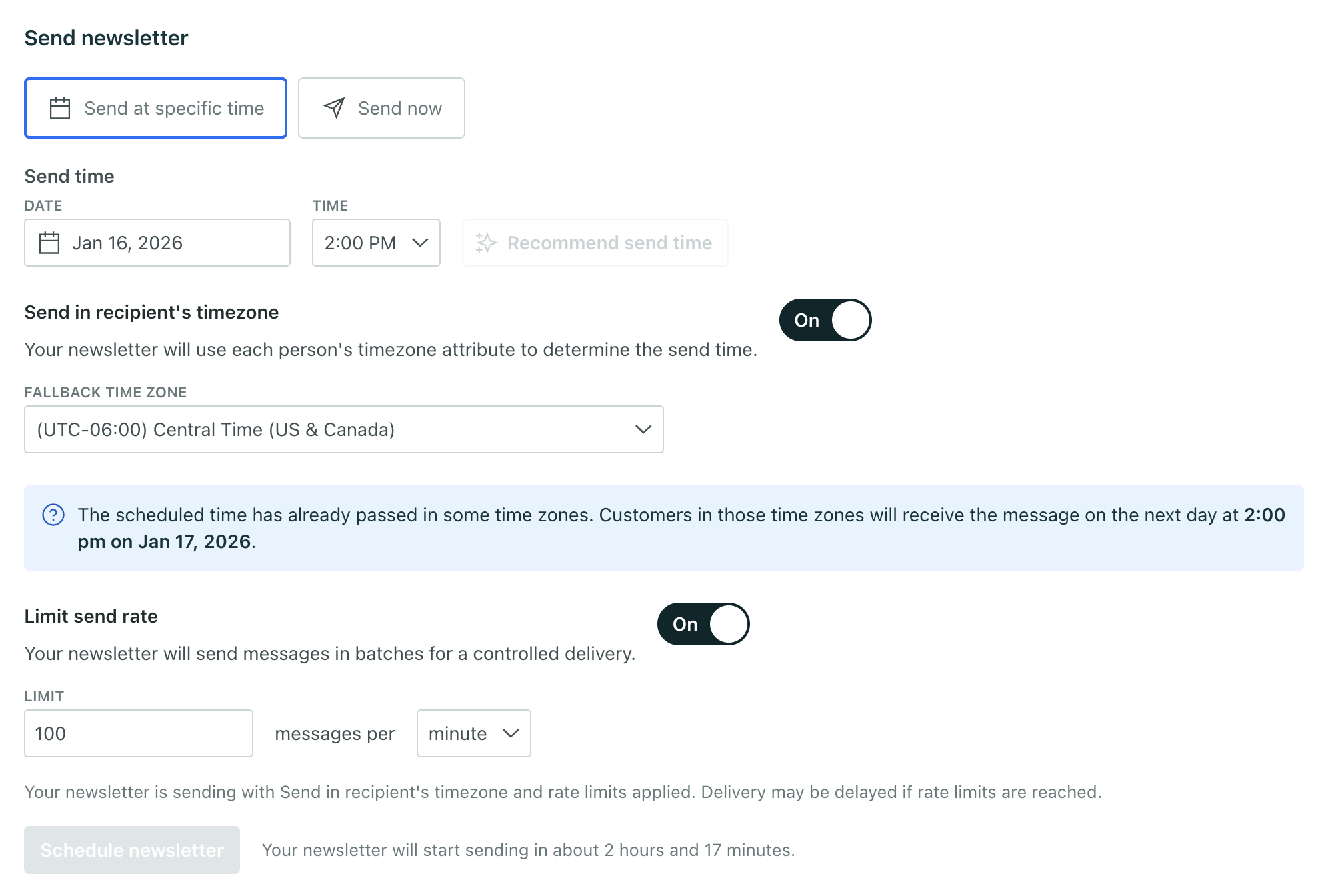 Under the date/time of your schedule, you can togggle on the option to send in recipient's timezone.