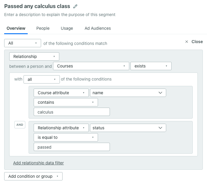 set up a segment of people related to any calculus course they've passed