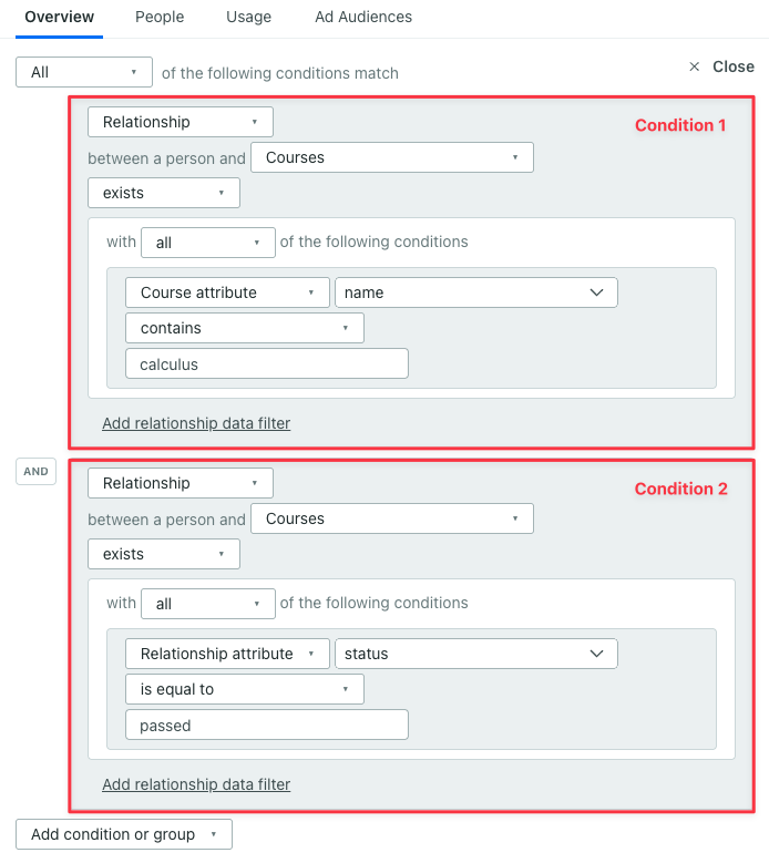 set up a segment of people related to any calculus course and related to any course they've passed