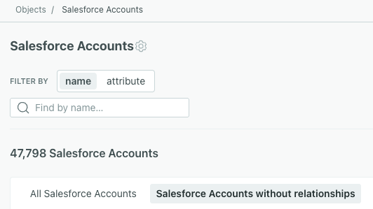 A list view of objects with the filter applied for the object type Salesforce Accounts.