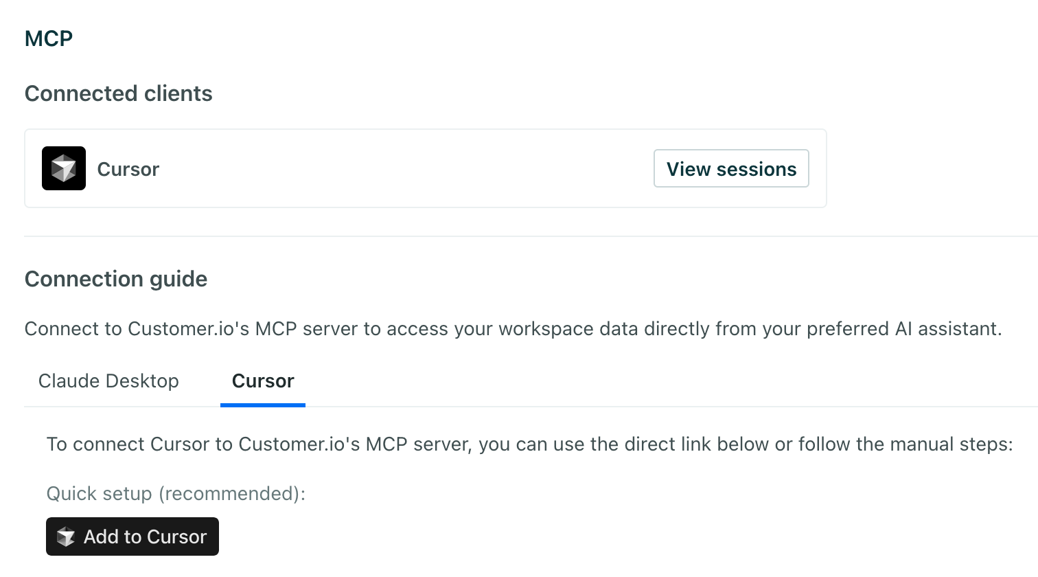 The MCP section of the personal settings page showing a button to enable MCP support for Cursor