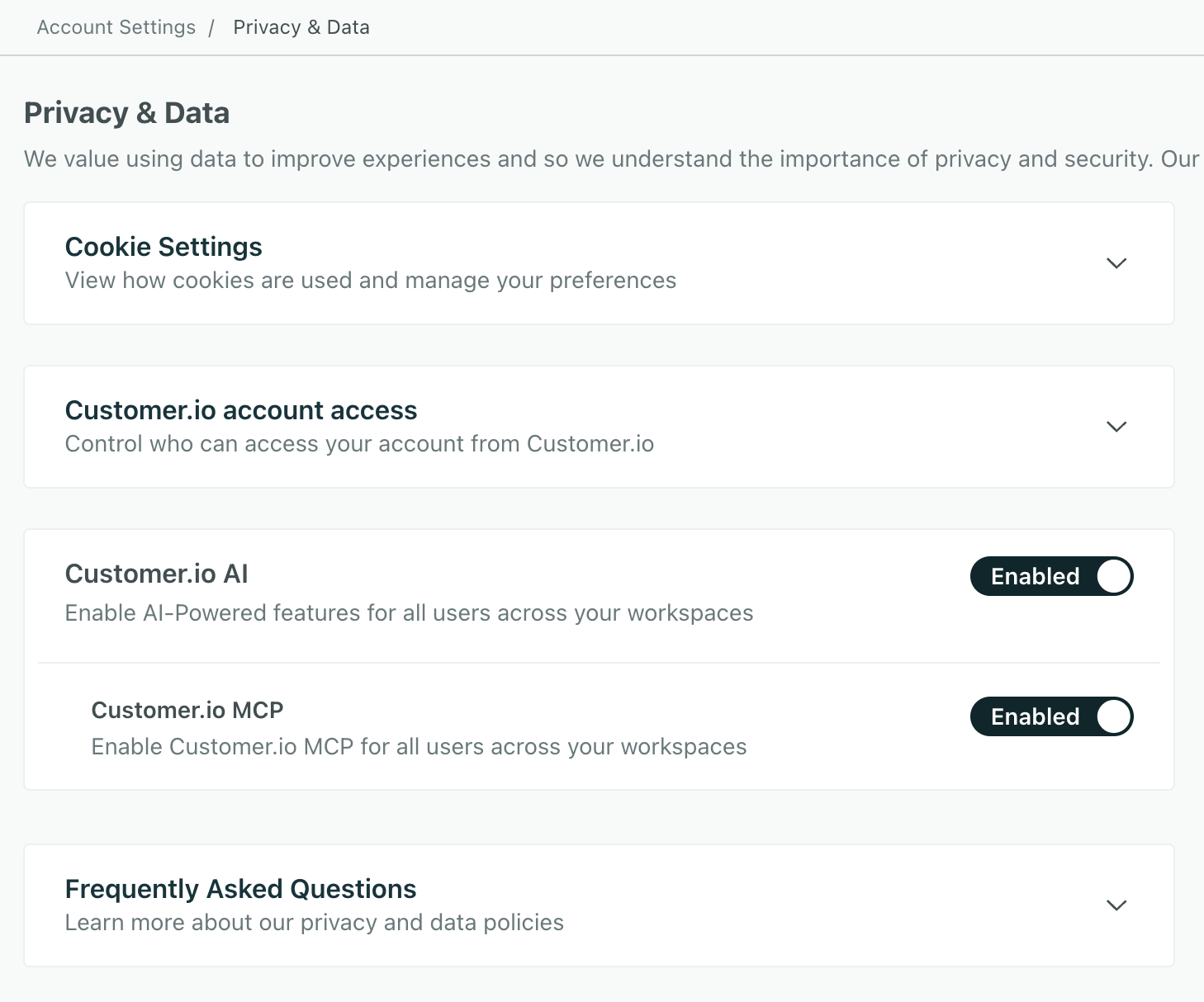 The Privacy & Data Settings page showing the Customer.io MCP setting enabled