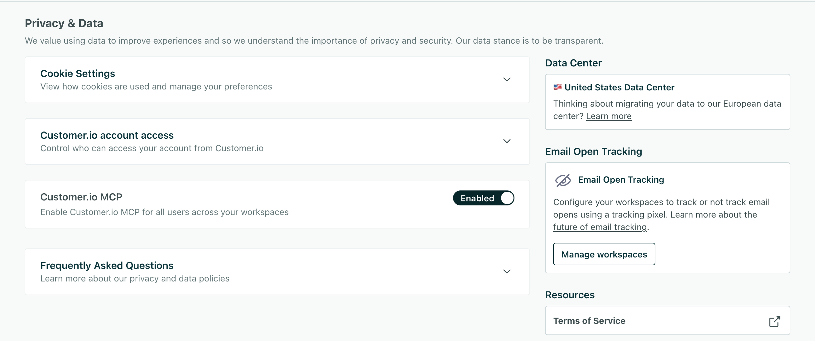 The Privacy & Data Settings page showing the Customer.io MCP setting enabled