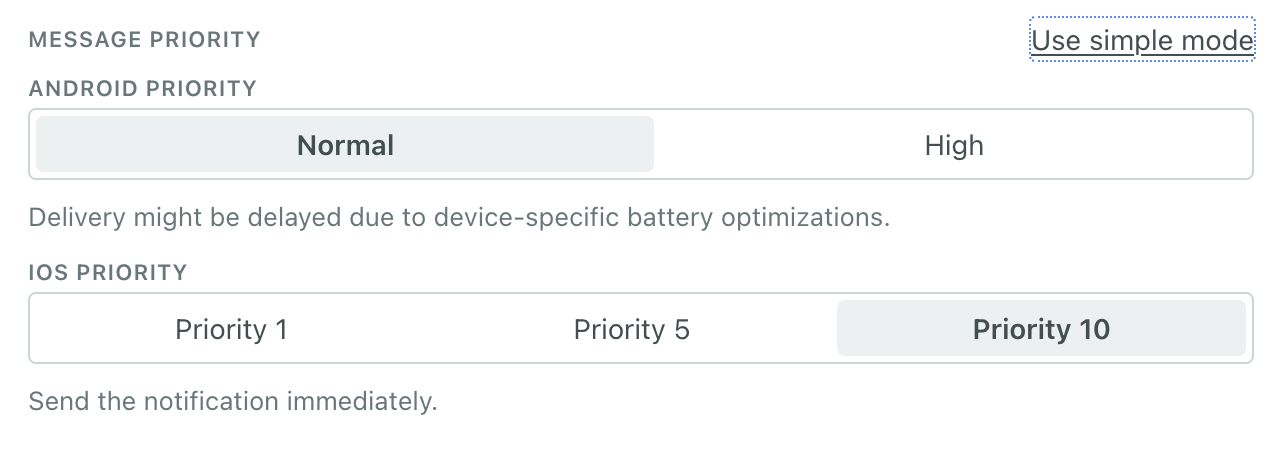 push priority advanced settings, with android set to normal and ios set to 10
