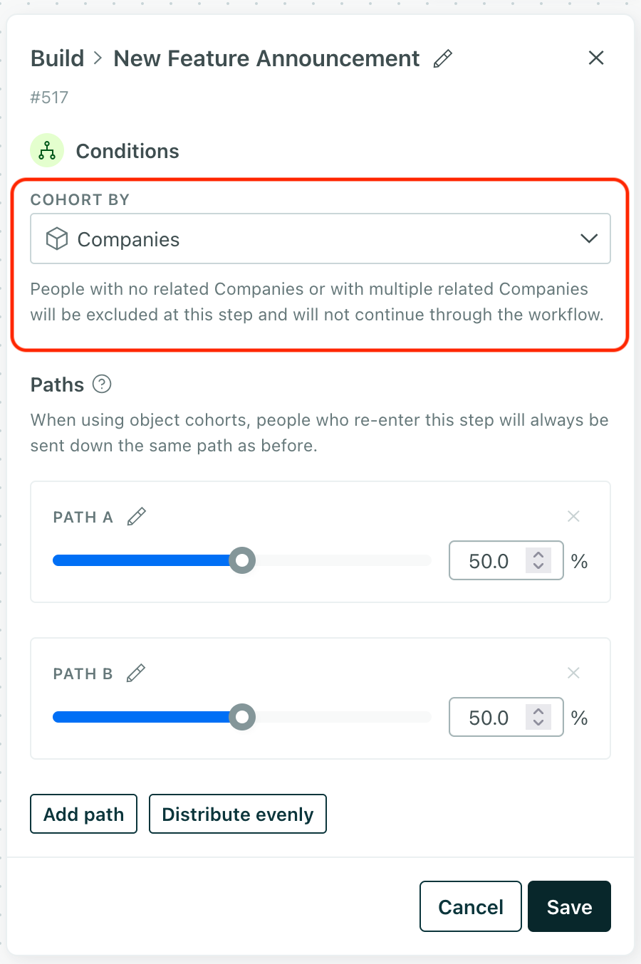 A random cohort branch with the Cohort by setting open to show options