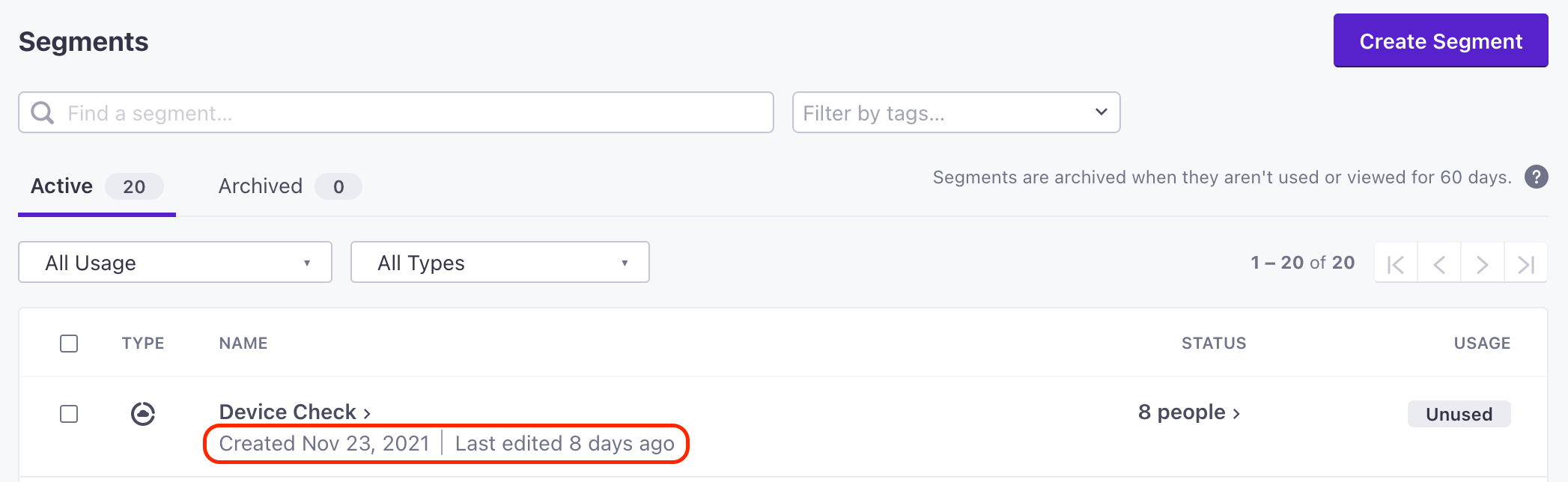 Created and updated dates on segments and automations