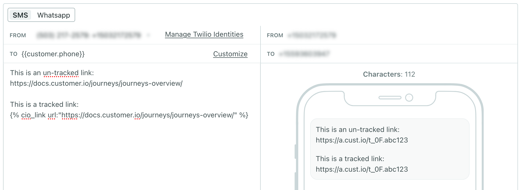 Link shortening for SMS and WhatsApp messages
