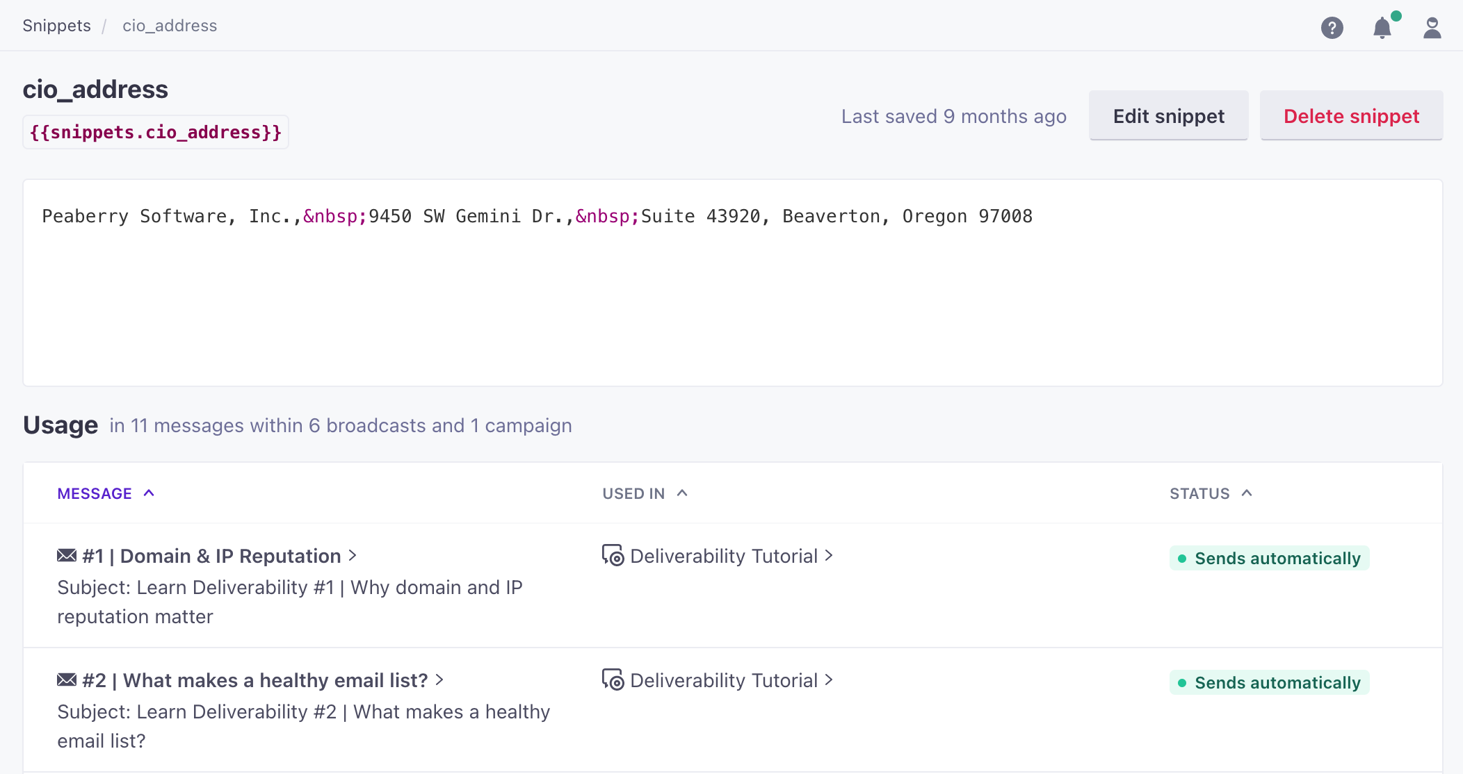 See where snippets are used
