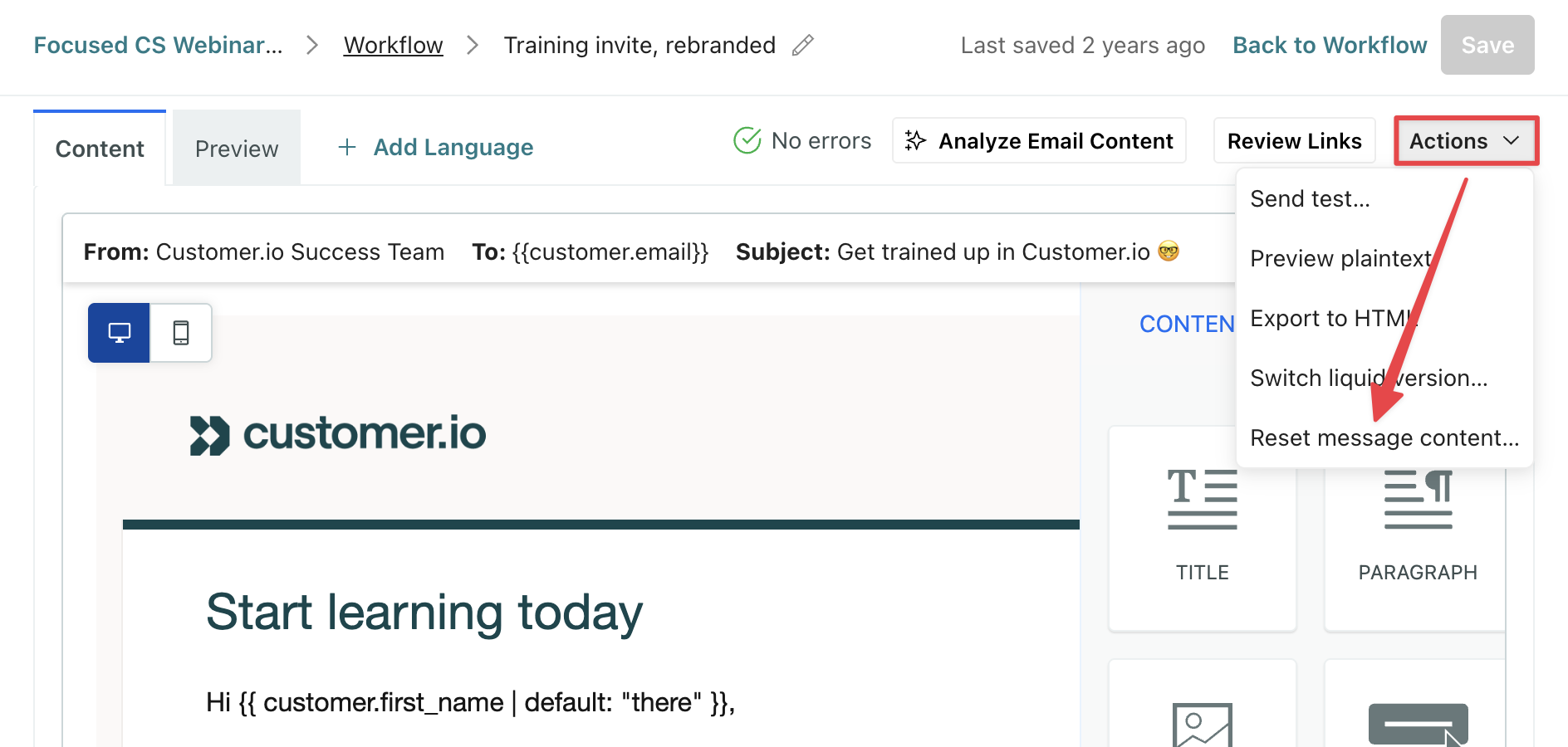 At the top of an email, the Actions menu is open and shows the option Reset message content.