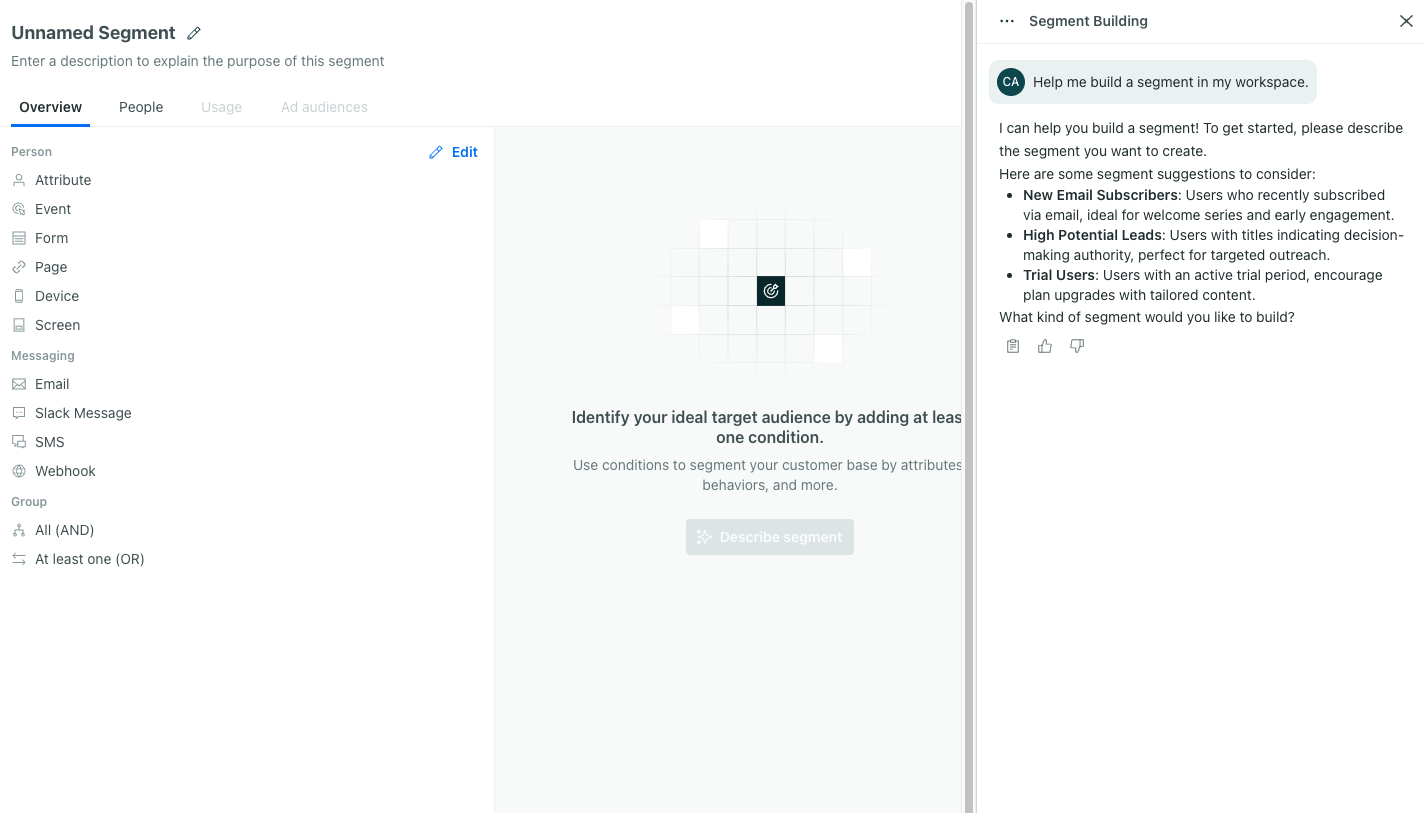 The Assistant shows a few suggestions of segments to build.