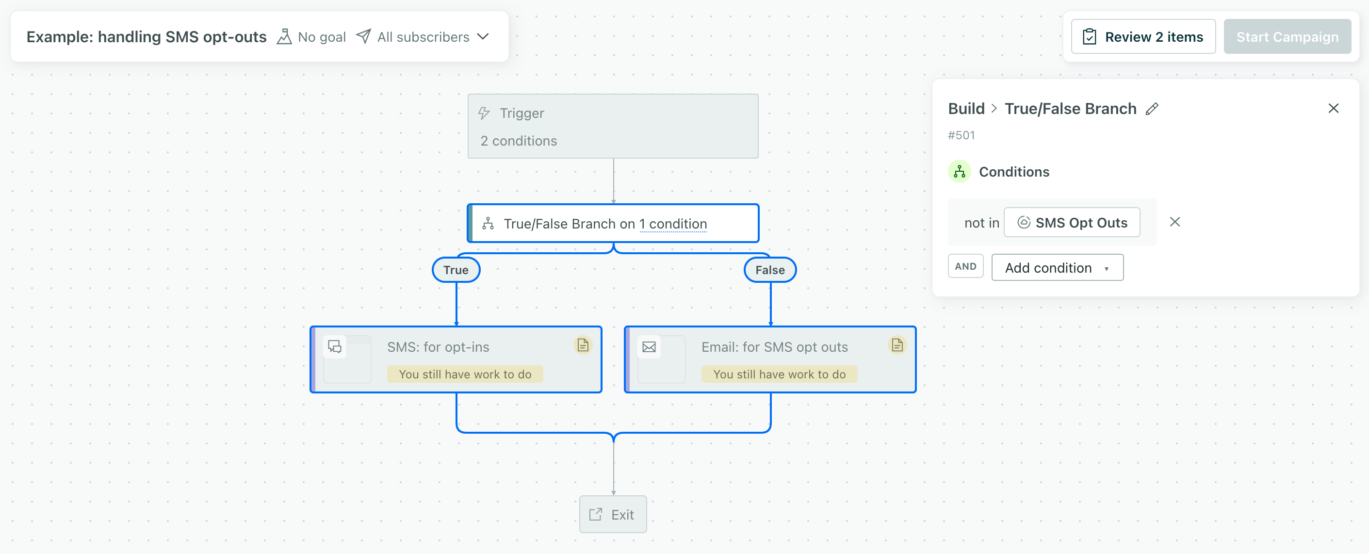 A True/False branch showing users opted out of a particular sender number