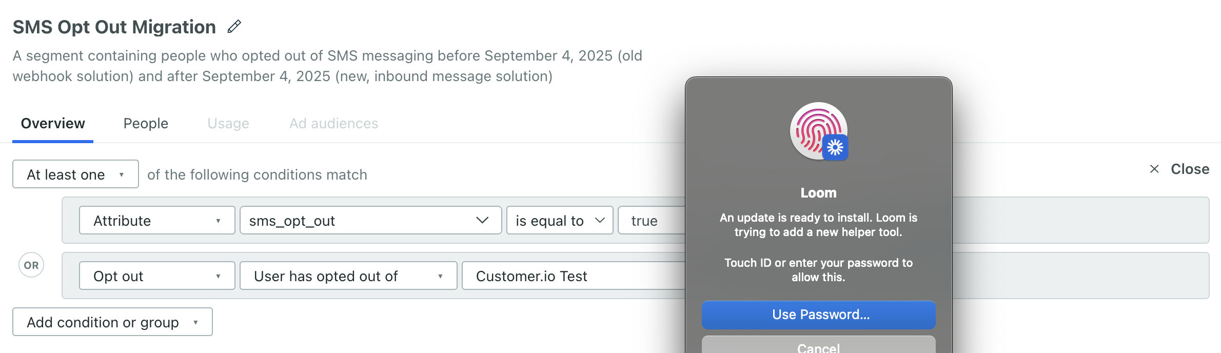A segment condition showing users opted out of a particular sender number and the opt-out attribute