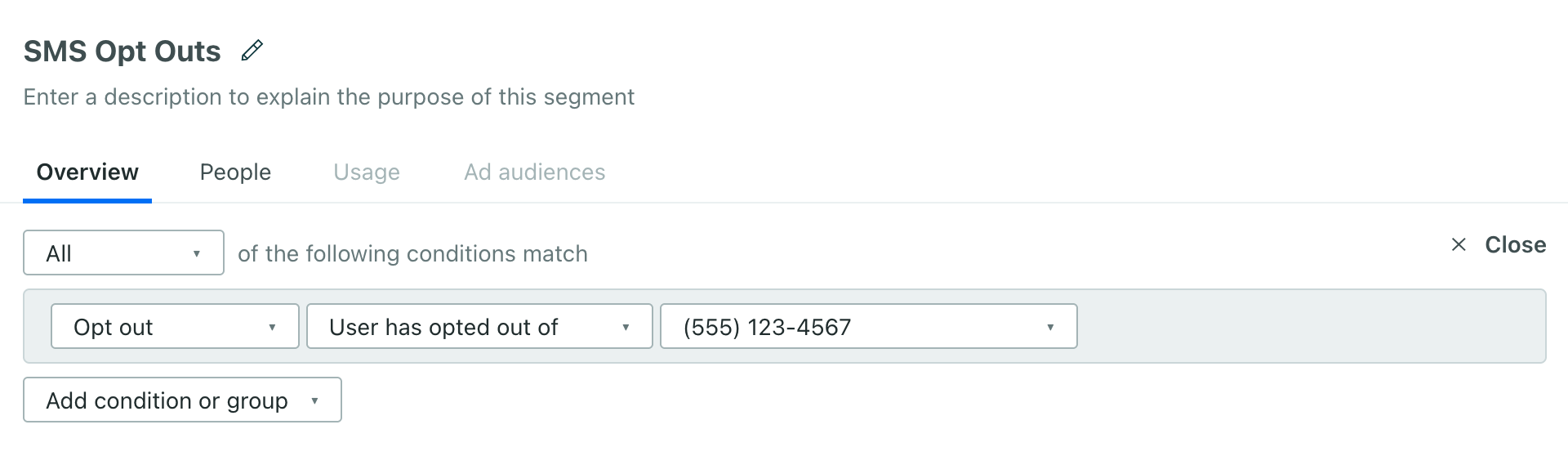 A segment condition showing users opted out of a particular sender number