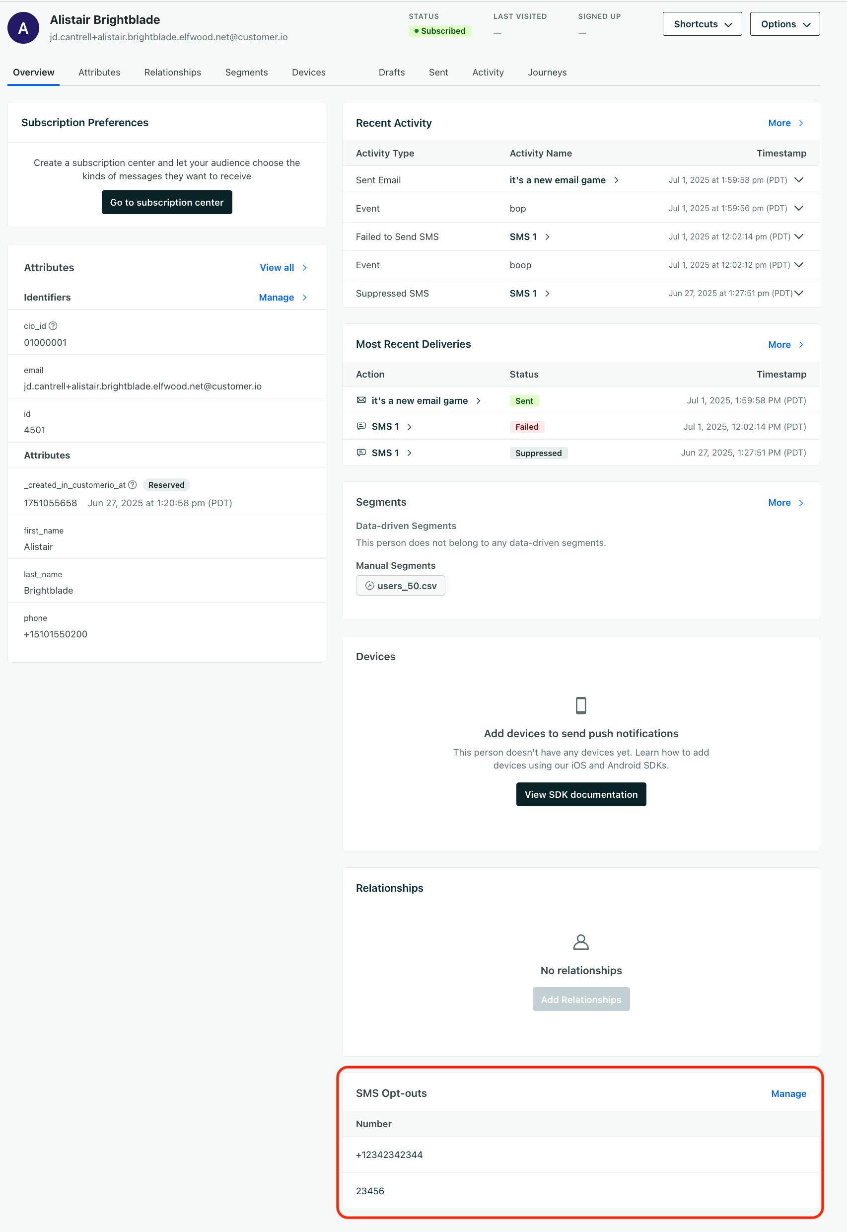 The SMS opt-outs section