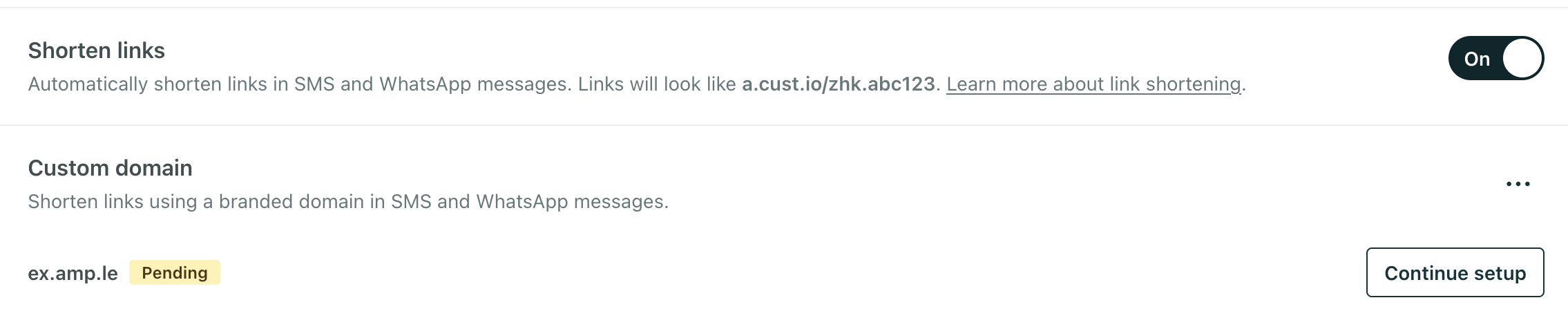 A custom short link domain that is pending is shown in the workspace settings page.