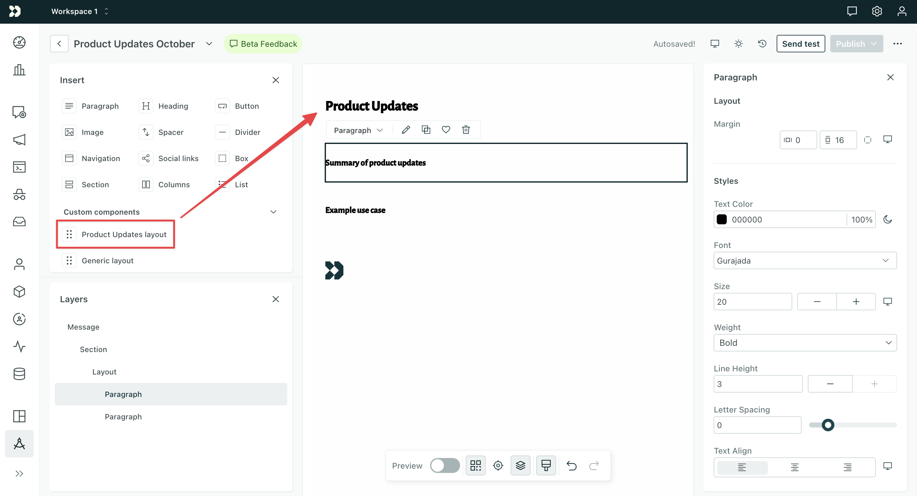 The visual editor shows the Product Updates layout on the canvas.