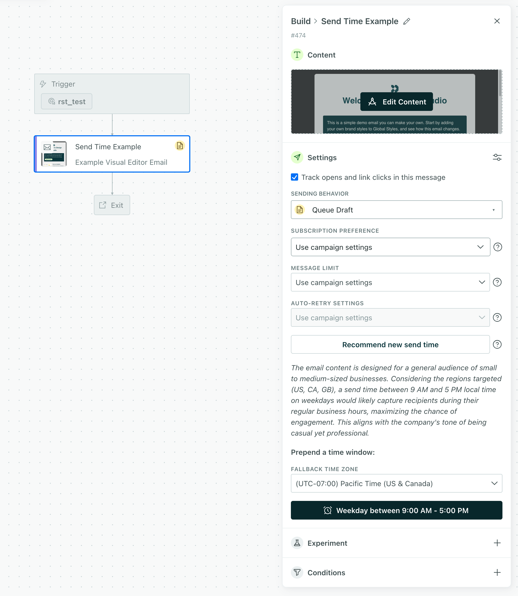 A campaign with a workflow containing a single email. The recommended send time is set and the cursor hovers over the weekday between 9 AM and 5 PM button