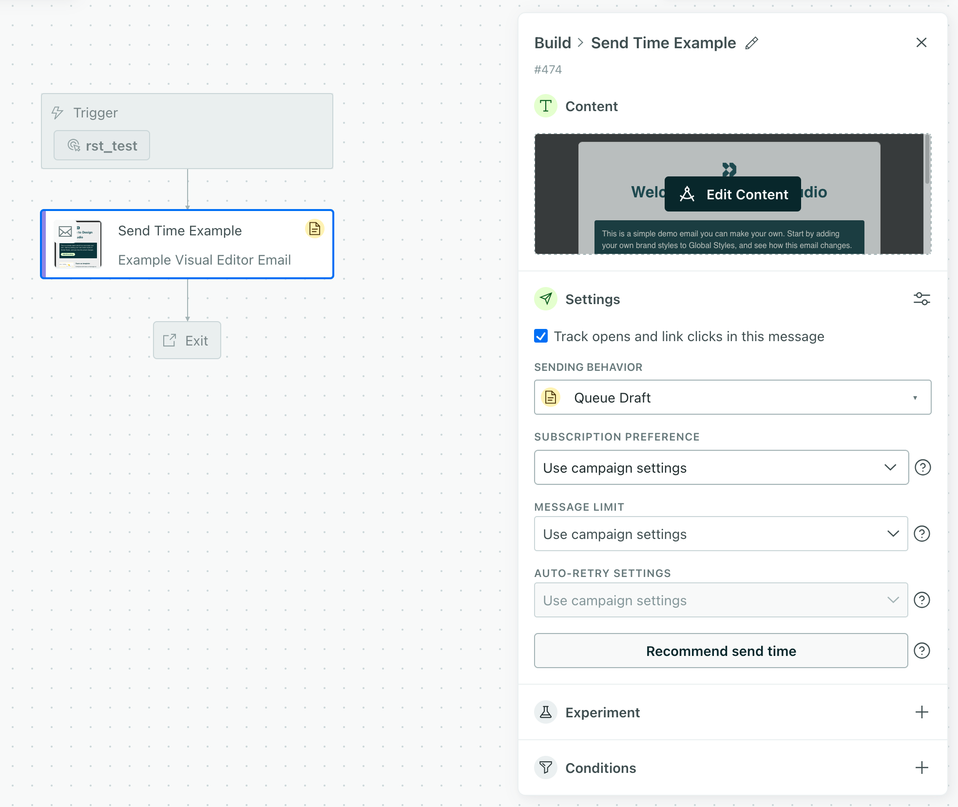 A campaign with a workflow containing a single email. The email is selected and shows the recommended send time options
