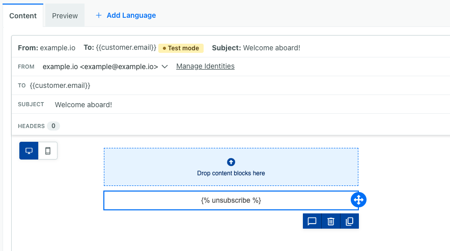 A text block with the unsubscribe liquid tag in the drag and drop editor.