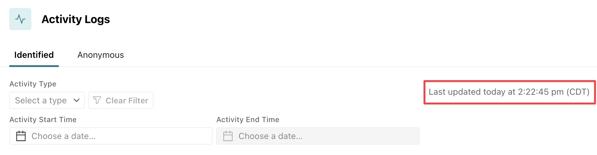 The top of the Profile Activity table shows a timestamp of Last updated today at 2:22:45pm CDT, where CDT is the user's current timezone.