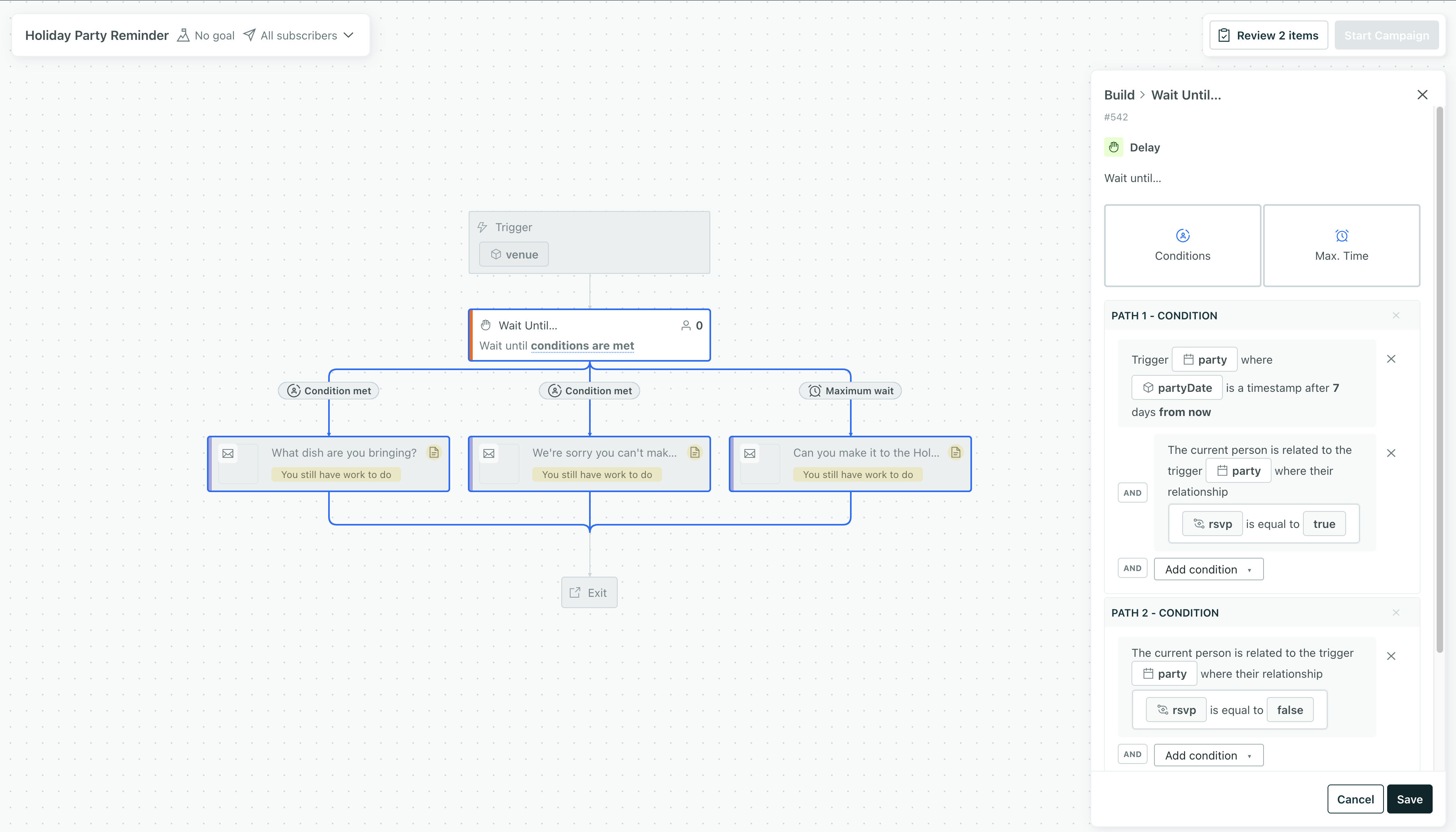 A set of conditions waiting for an upcoming appointment and a relationship attribute for 'rsvp' set to 'true'