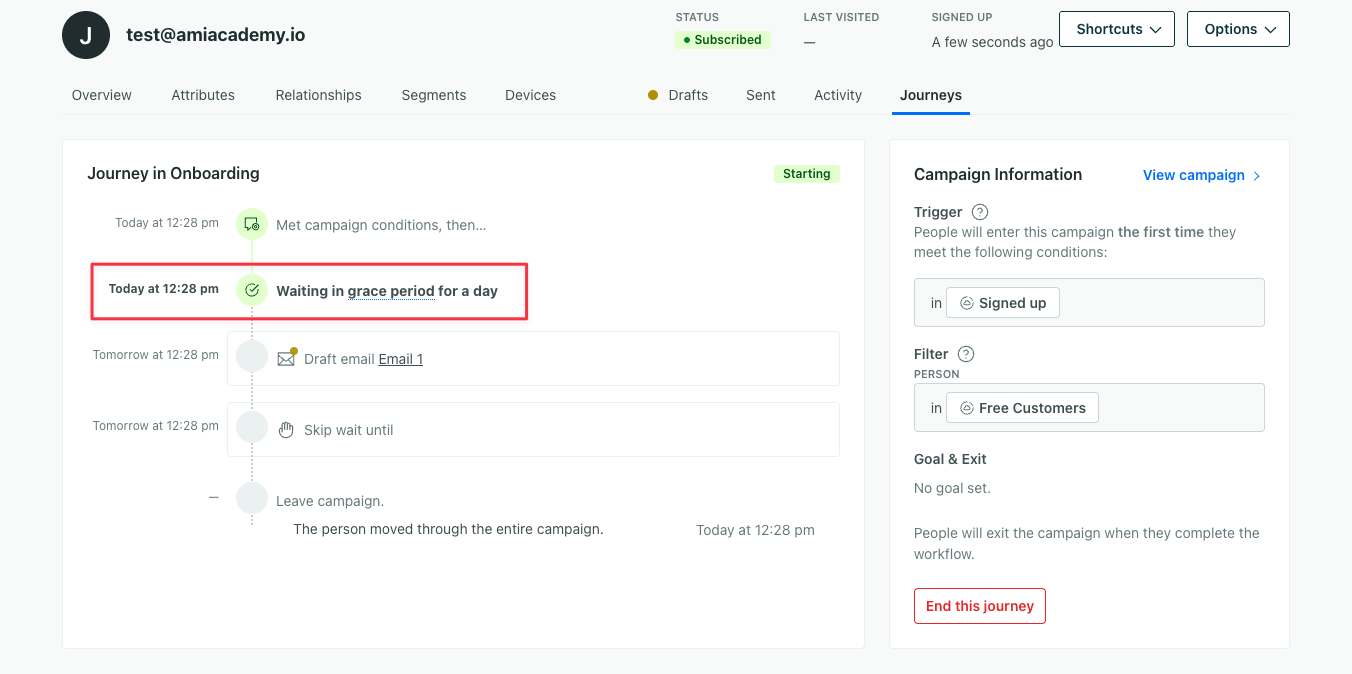 A person's page. The Journeys tab is selected at the top. The tab shows a journey through a campaign titled Onboarding. The second step says Waiting in grace period for a day.
