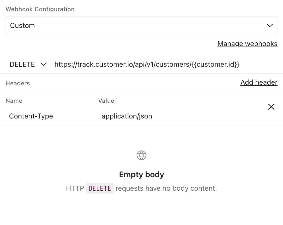 The method is set to Delete. The URL includes the full track URL. The placeholder `{identifier}` parameter is replaced with the liquid variable `{{customer.id}}`.